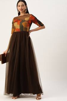 Brown Sequins Net Stitched Sequins_Work Party-Wear-Gowns