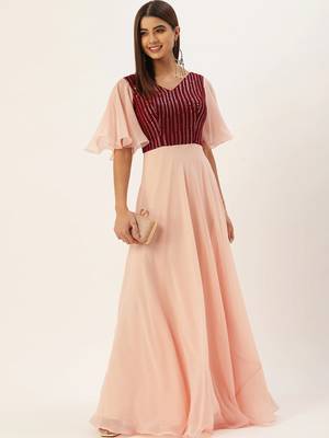 Peach Sequins Georgette Stitched Sequins_Work Party-Wear-Gowns 1