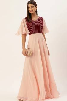 Peach Sequins Georgette Stitched Sequins_Work Party-Wear-Gowns