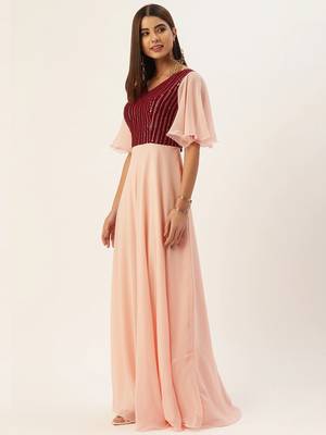 Peach Sequins Georgette Stitched Sequins_Work Party-Wear-Gowns 3