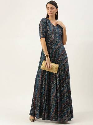 Blue Printed Viscose Stitched Weaving_Print Party-Wear-Gowns 1