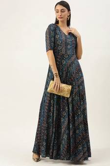 Blue Printed Viscose Stitched Weaving_Print Party-Wear-Gowns