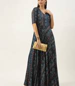 Blue Printed Viscose Stitched Weaving_Print Party-Wear-Gowns
