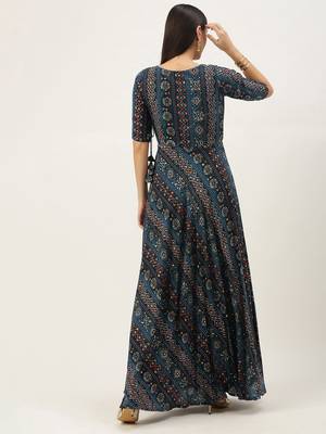 Blue Printed Viscose Stitched Weaving_Print Party-Wear-Gowns 2