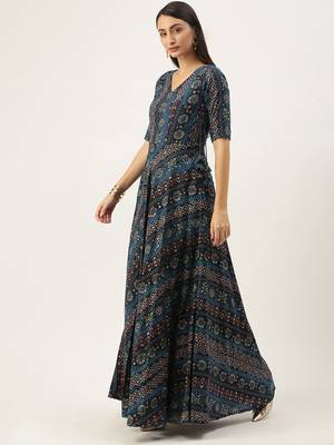Blue Printed Viscose Stitched Weaving_Print Party-Wear-Gowns 3