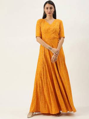Yellow Printed Viscose Stitched Weaving_Print Party-Wear-Gowns 1