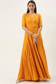 Yellow Printed Viscose Stitched Weaving_Print Party-Wear-Gowns