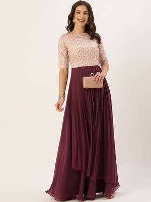 Burgundy Printed Georgette Stitched Weaving_Print Party-Wear-Gowns 1