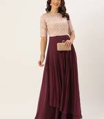 Burgundy Printed Georgette Stitched Weaving_Print Party-Wear-Gowns