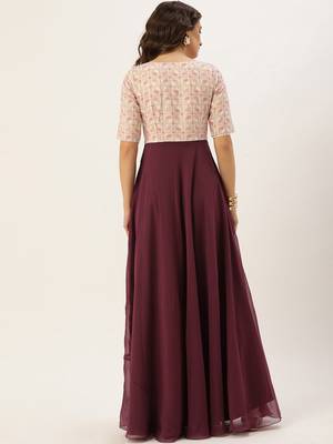 Burgundy Printed Georgette Stitched Weaving_Print Party-Wear-Gowns 2