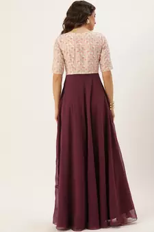 Burgundy Printed Georgette Stitched Weaving_Print Party-Wear-Gowns