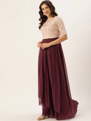 Burgundy Printed Georgette Stitched Weaving_Print Party-Wear-Gowns 3