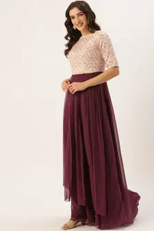 Burgundy Printed Georgette Stitched Weaving_Print Party-Wear-Gowns