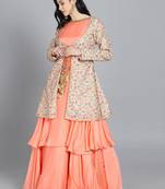 Peach Printed Satin Stitched Weaving_Print Party-Wear-Gowns