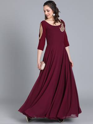 Burgundy Hand_Embroidery Georgette Stitched Dori_Embroidery Party-Wear-Gowns 1