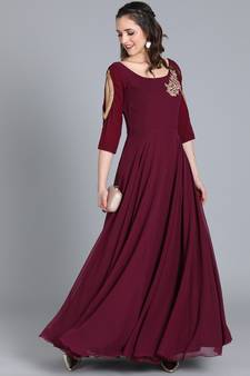 Burgundy Hand_Embroidery Georgette Stitched Dori_Embroidery Party-Wear-Gowns