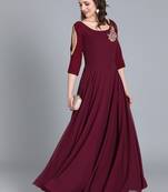 Burgundy Hand_Embroidery Georgette Stitched Dori_Embroidery Party-Wear-Gowns