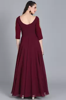 Burgundy Hand_Embroidery Georgette Stitched Dori_Embroidery Party-Wear-Gowns