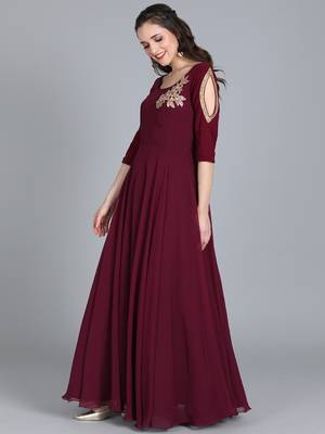 Burgundy Hand_Embroidery Georgette Stitched Dori_Embroidery Party-Wear-Gowns 3