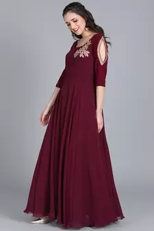 Burgundy Hand_Embroidery Georgette Stitched Dori_Embroidery Party-Wear-Gowns