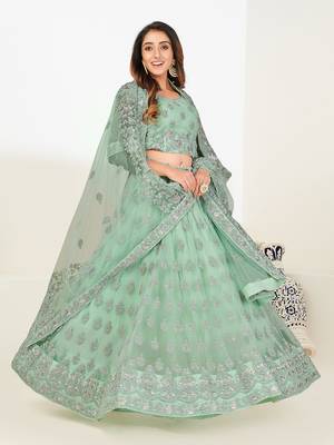 Colorful Green thread and Zari Embroidered net Semi Stitched Lehenga 6