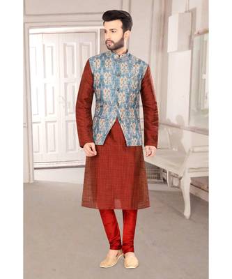Maroon hand woven jaquard kurta-pajama 1