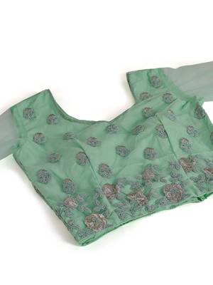 Colorful Green thread and Zari Embroidered net Semi Stitched Lehenga 9