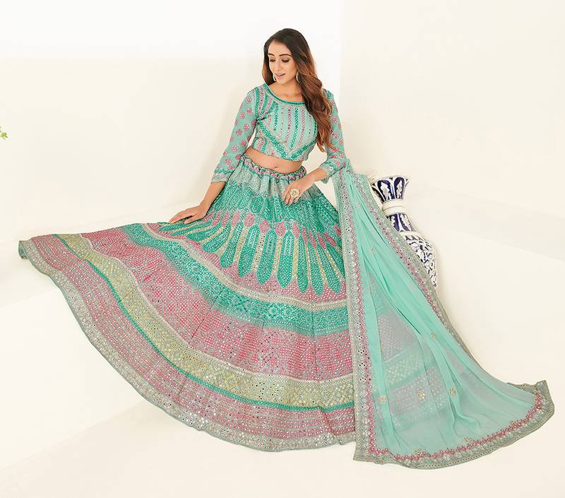 Comely sea blue thread and zari embroidered with foil mirror heavy 60gm georgette Semi Stitched Lehenga