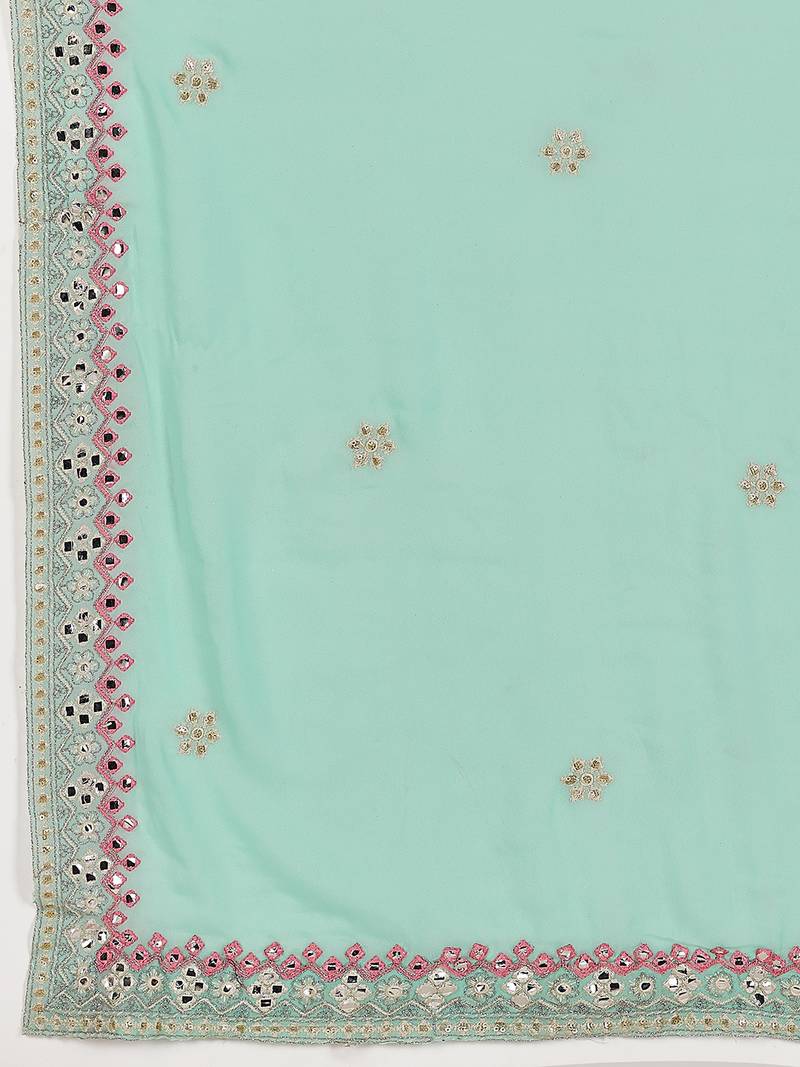 Comely sea blue thread and zari embroidered with foil mirror heavy 60gm georgette Semi Stitched Lehenga