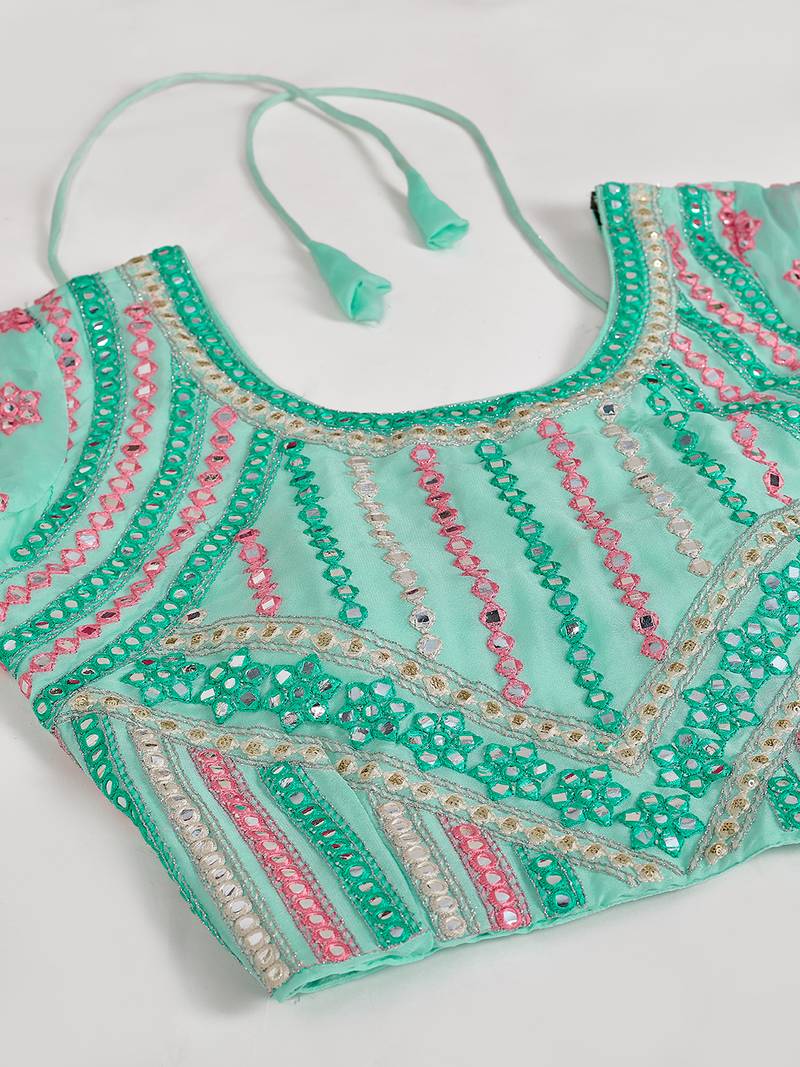 Comely sea blue thread and zari embroidered with foil mirror heavy 60gm georgette Semi Stitched Lehenga