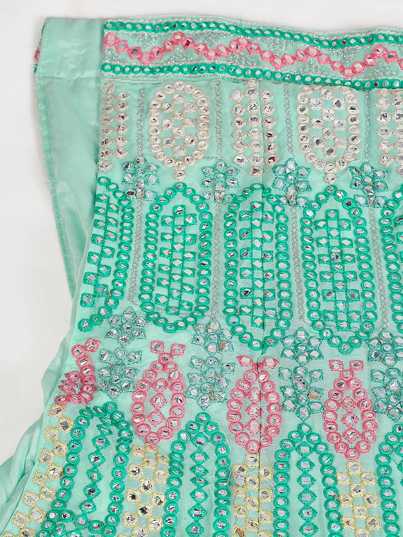 Comely sea blue thread and zari embroidered with foil mirror heavy 60gm georgette Semi Stitched Lehenga