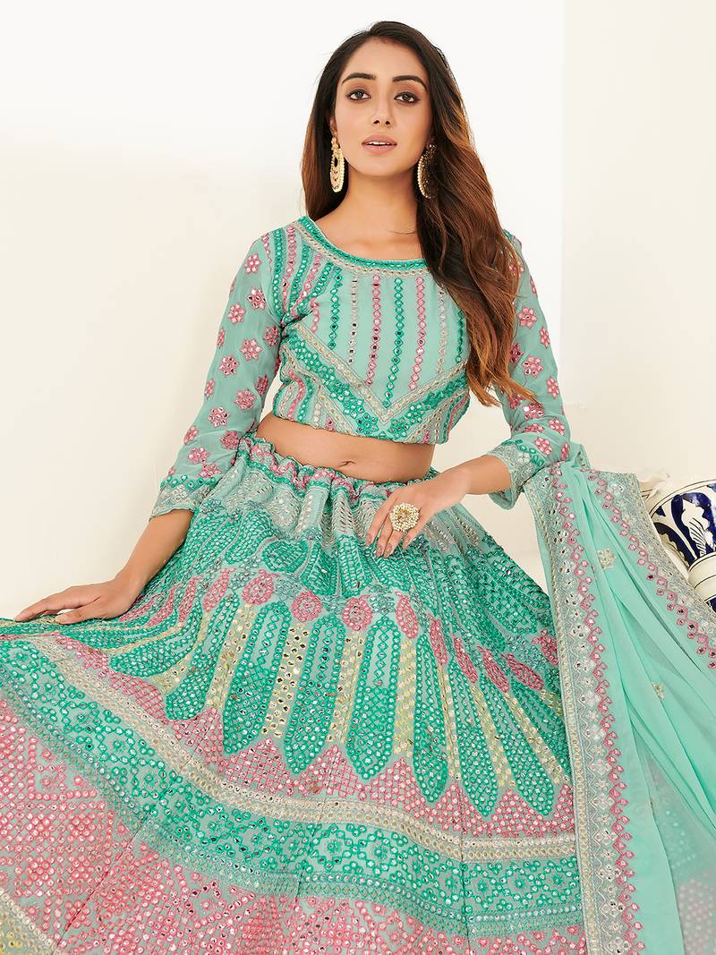 Comely sea blue thread and zari embroidered with foil mirror heavy 60gm georgette Semi Stitched Lehenga