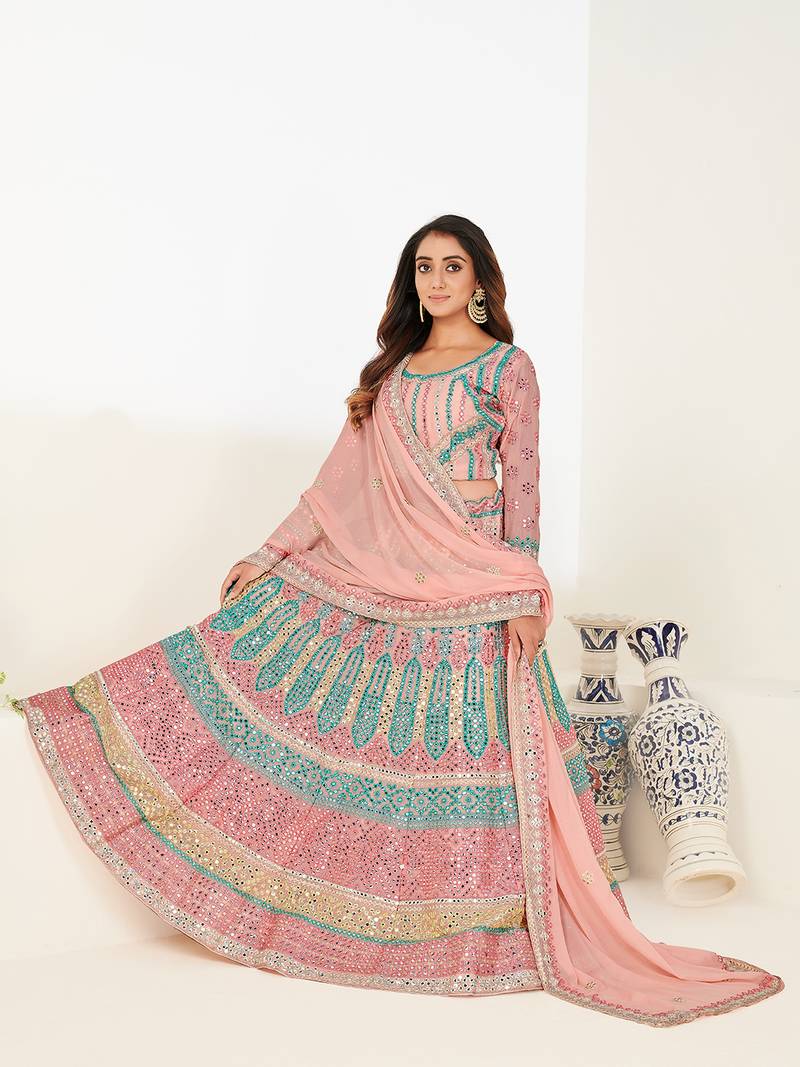 Delightfully Light-pink thread and zari embroidered with foil mirror heavy 60gm georgette Semi Stitched Lehenga