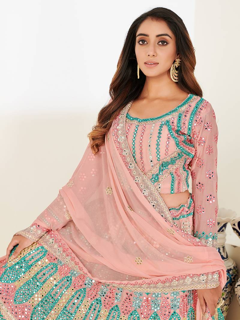 Delightfully Light-pink thread and zari embroidered with foil mirror heavy 60gm georgette Semi Stitched Lehenga