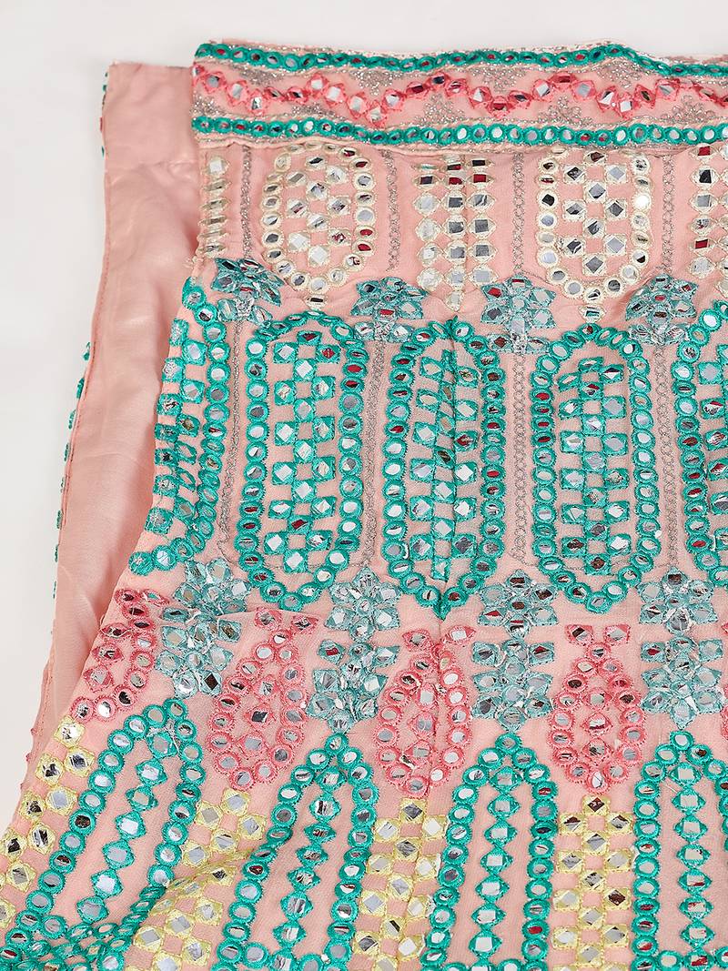 Delightfully Light-pink thread and zari embroidered with foil mirror heavy 60gm georgette Semi Stitched Lehenga