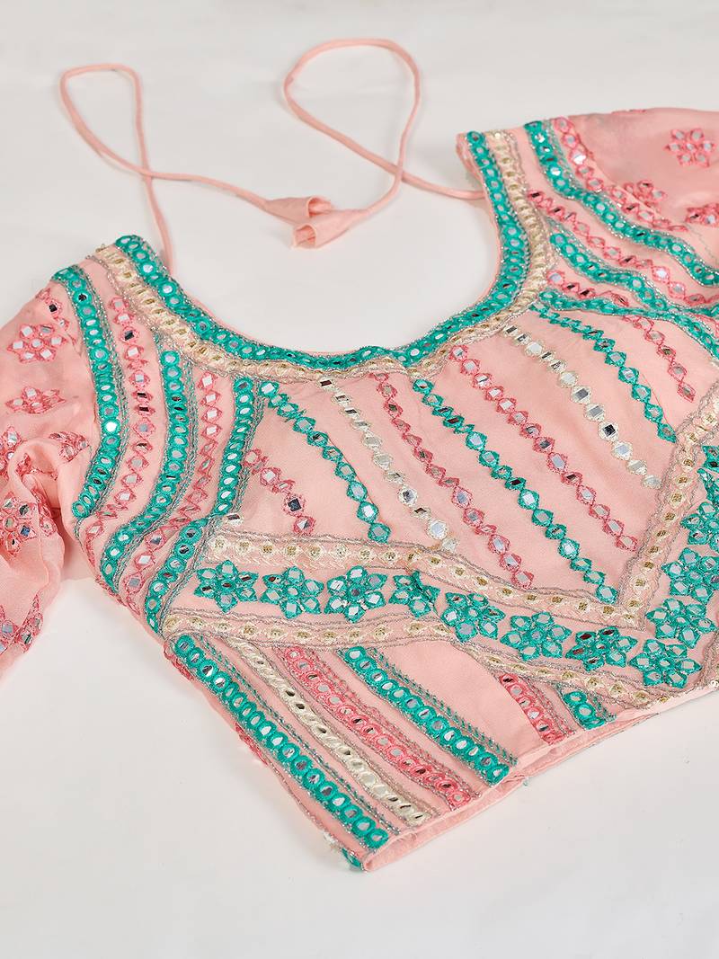 Delightfully Light-pink thread and zari embroidered with foil mirror heavy 60gm georgette Semi Stitched Lehenga