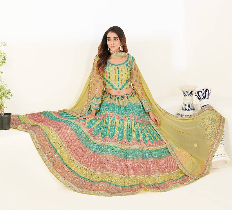 Attractive sea green thread and zari embroidered with foil mirror heavy 60gm georgette Semi Stitched Lehenga