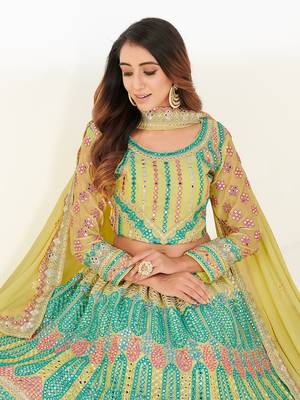 Attractive sea green thread and zari embroidered with foil mirror heavy 60gm georgette Semi Stitched Lehenga 9