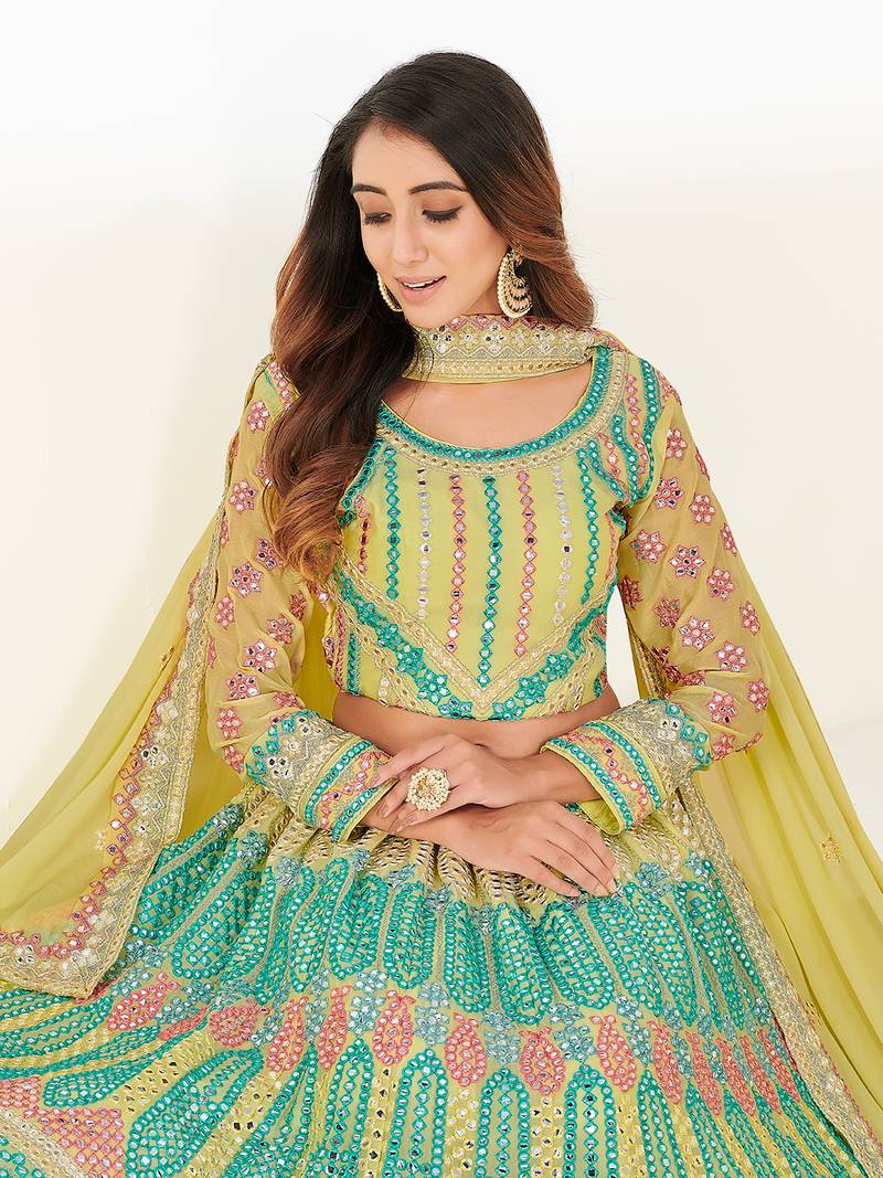 Attractive sea green thread and zari embroidered with foil mirror heavy 60gm georgette Semi Stitched Lehenga
