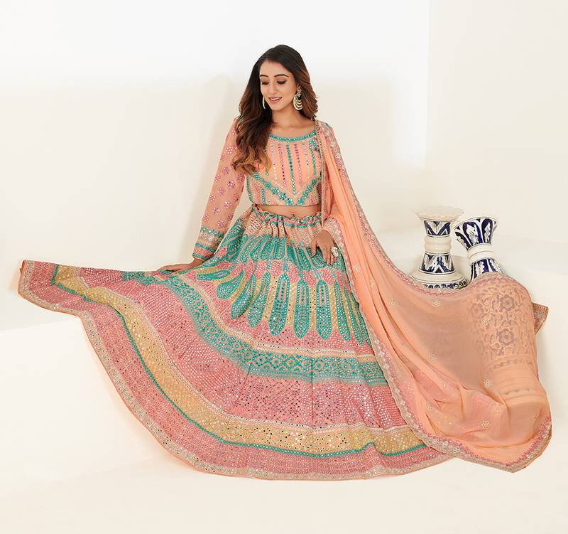 Captivating Light-peach thread and zari embroidered with foil mirror heavy 60gm georgette Semi Stitched Lehenga