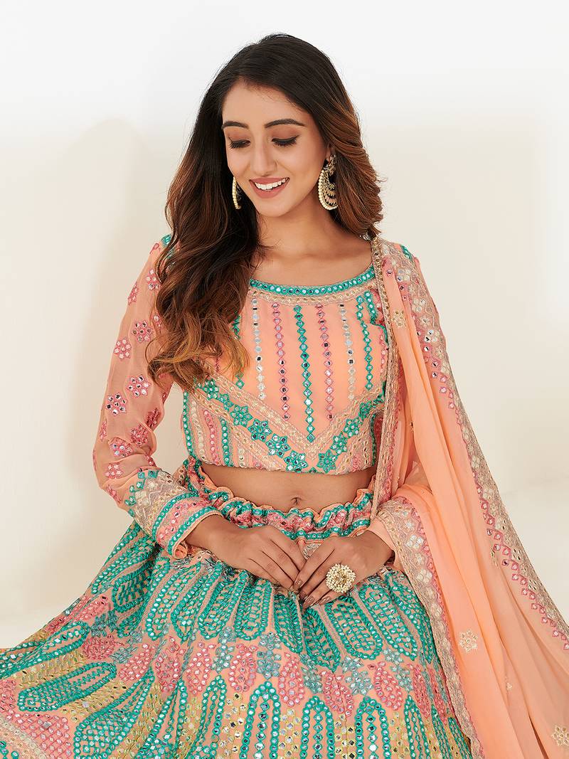 Captivating Light-peach thread and zari embroidered with foil mirror heavy 60gm georgette Semi Stitched Lehenga