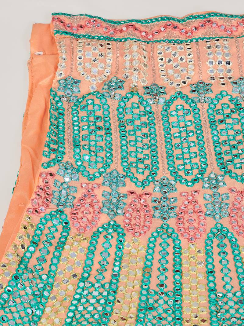 Captivating Light-peach thread and zari embroidered with foil mirror heavy 60gm georgette Semi Stitched Lehenga