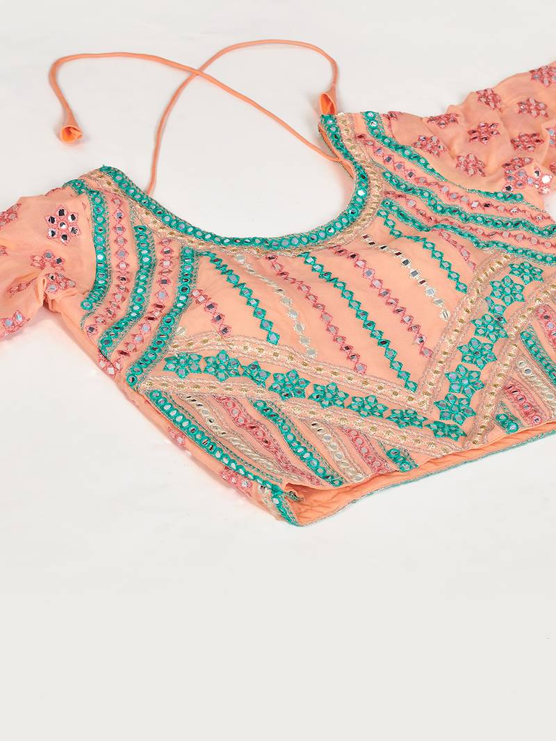 Captivating Light-peach thread and zari embroidered with foil mirror heavy 60gm georgette Semi Stitched Lehenga