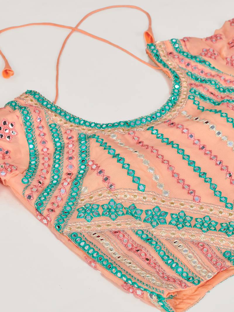 Captivating Light-peach thread and zari embroidered with foil mirror heavy 60gm georgette Semi Stitched Lehenga