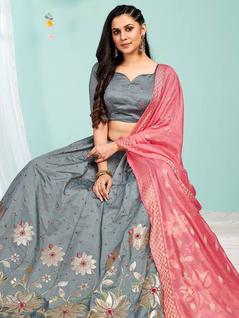 smashing Grey gotta patti satin Semi Stitched Lehenga