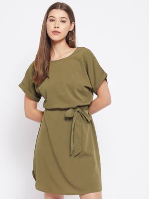 Green plain polyester short-dresses 1