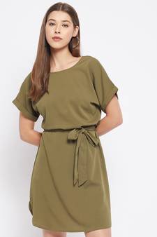 Green plain polyester short-dresses