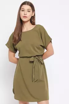 Green plain polyester short-dresses
