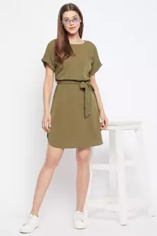 Green plain polyester short-dresses
