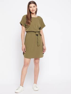 Green plain polyester short-dresses 3